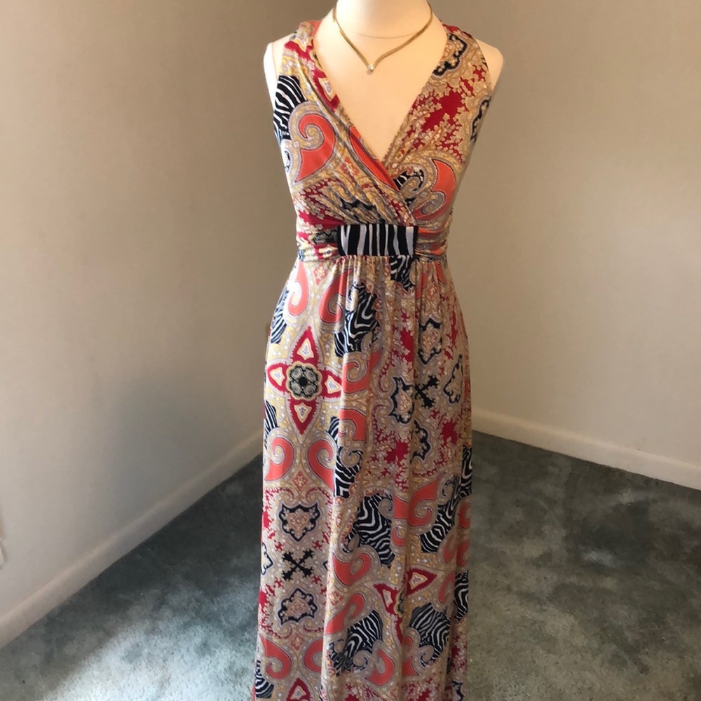 Wrap-Style Maxi Dress in Coral and Navy